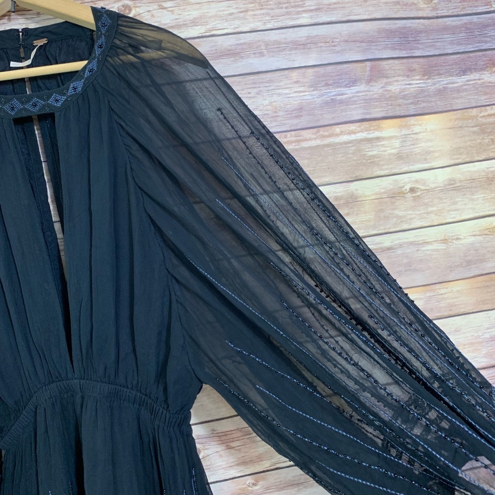 Free People Boho Black Beaded Long Sleeve Romper - image 2